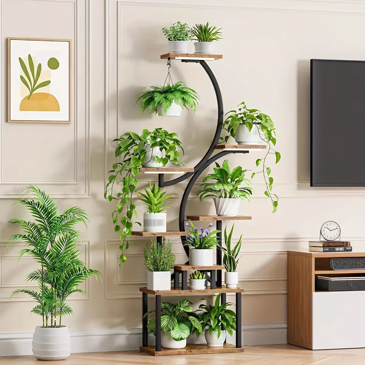 8-Tier Indoor Plant Stand with Grow Lights Adjustable Wooden Shelves Full Spectrum Timer Space-Saving Flower Pot Holder for Living Room Bedroom Balcony