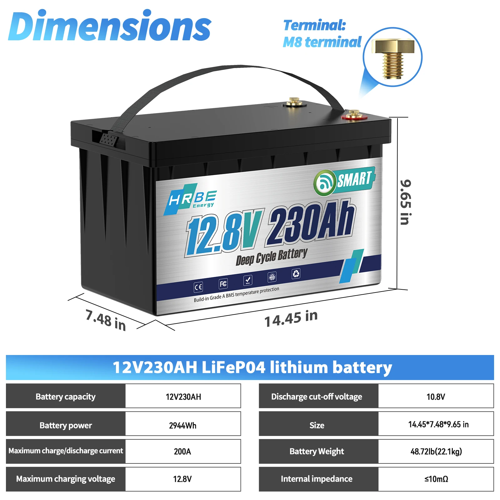 12V 230Ah LiFePO4 Battery 2944Wh, 200A Smart BMS, Bluetooth Monitor, 8000+ Deep Cycles, Ultra Reliable, Low-Temp Protection for RV Travel Trailer Solar Camper Marine Off-Grid