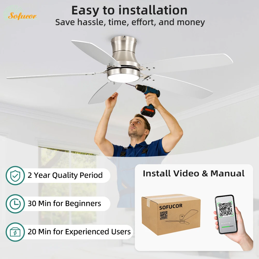 Sofucor 52 Inch Modern Flush Mount Ceiling Fan With DC Ceiling Fan Motor 6-Speed High Wind Speed With Remote Control for rooms