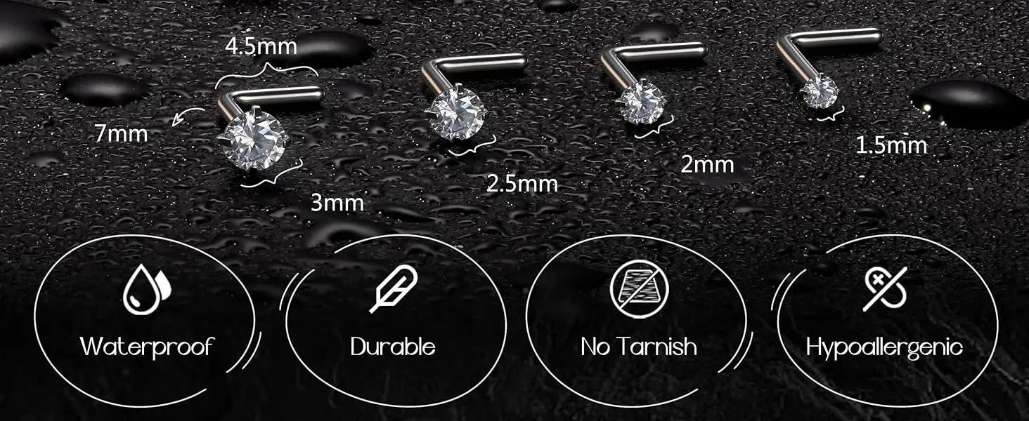 8PCS Hypoallergenic Titanium Nose Studs for Women Men 18G 20G Corkscrew & L Shape Studs CZ Nose Rings Nostril Rings Stud Screw Piercings Jewellery 1.5mm 2mm 2.5mm 3mm