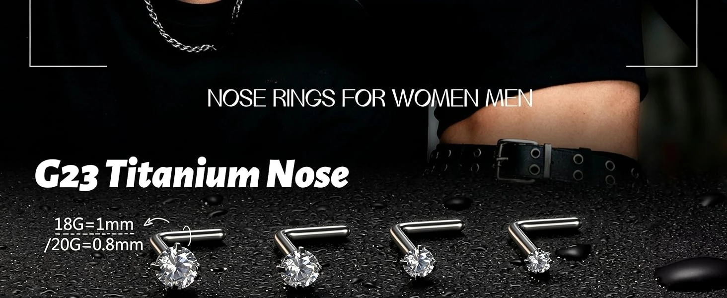 8PCS Hypoallergenic Titanium Nose Studs for Women Men 18G 20G Corkscrew & L Shape Studs CZ Nose Rings Nostril Rings Stud Screw Piercings Jewellery 1.5mm 2mm 2.5mm 3mm