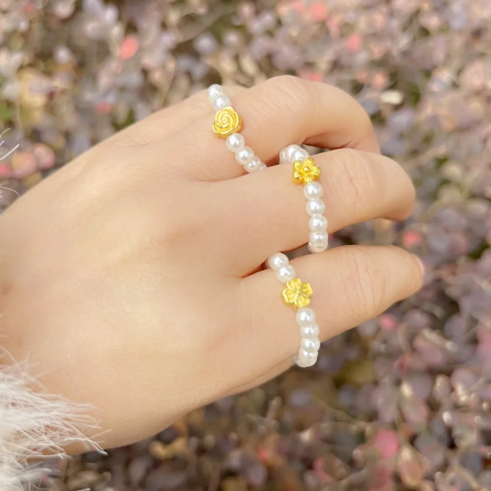 Elastic Beaded Ring Featuring Acrylic Pearls in Wave Drop Geometric Shapes Korean Style Unisex Jewelry Fresh Sweet Design Multip