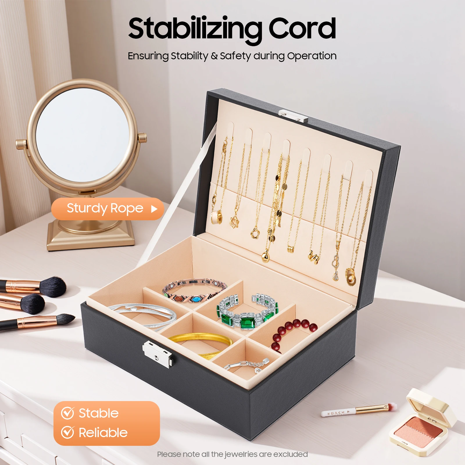 2‑Tier Jewelry Organizer Box with Lock & Key, Black Velvet Interior Jewelry Storage Case, Portable Tabletop Jewelry Holder for Rings, Earrings, Necklaces, Bracelets, Watches