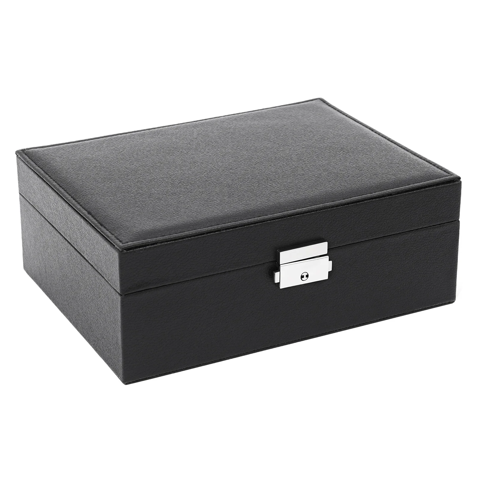 2‑Tier Jewelry Organizer Box with Lock & Key, Black Velvet Interior Jewelry Storage Case, Portable Tabletop Jewelry Holder for Rings, Earrings, Necklaces, Bracelets, Watches