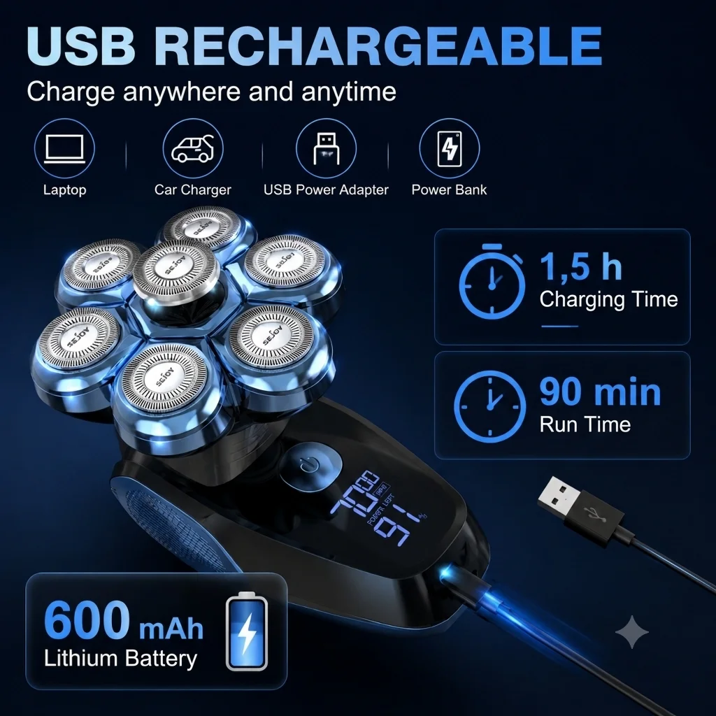 7D Head Shavers for Bald Men,5-in-1 Shaving Grooming Kit for Balder,Wet or Dry Electric Razor,LED Display/Type-C Charge Precision Blades Hair Clippers
