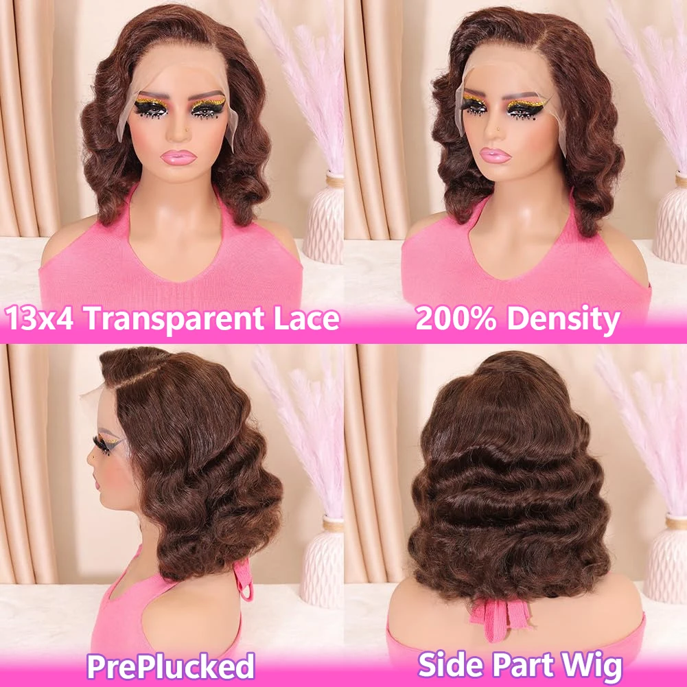250% Density Chocolate Brown Bob Wigs Body Wave Human Hair 13x4 Lace Frontal Wigs Pre Plucked 100% Virgin Human Hair Color#4 Dark Brown Loose Wavy Lace Frontal Bob Wigs For Women