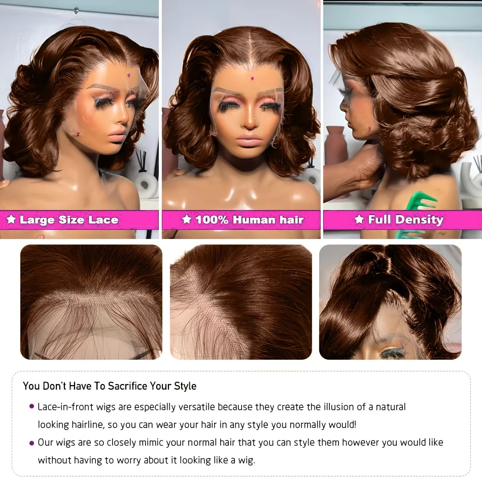 250% Density Chocolate Brown Bob Wigs Body Wave Human Hair 13x4 Lace Frontal Wigs Pre Plucked 100% Virgin Human Hair Color#4 Dark Brown Loose Wavy Lace Frontal Bob Wigs For Women