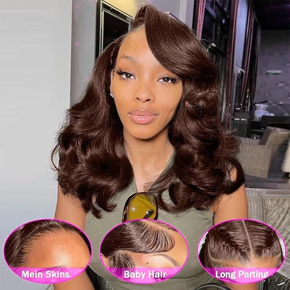 250% Density Chocolate Brown Bob Wigs Body Wave Human Hair 13x4 Lace Frontal Wigs Pre Plucked 100% Virgin Human Hair Color#4 Dark Brown Loose Wavy Lace Frontal Bob Wigs For Women