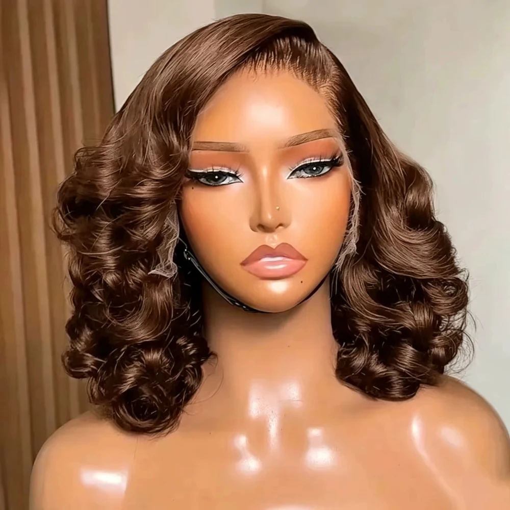 250% Density Chocolate Brown Bob Wigs Body Wave Human Hair 13x4 Lace Frontal Wigs Pre Plucked 100% Virgin Human Hair Color#4 Dark Brown Loose Wavy Lace Frontal Bob Wigs For Women