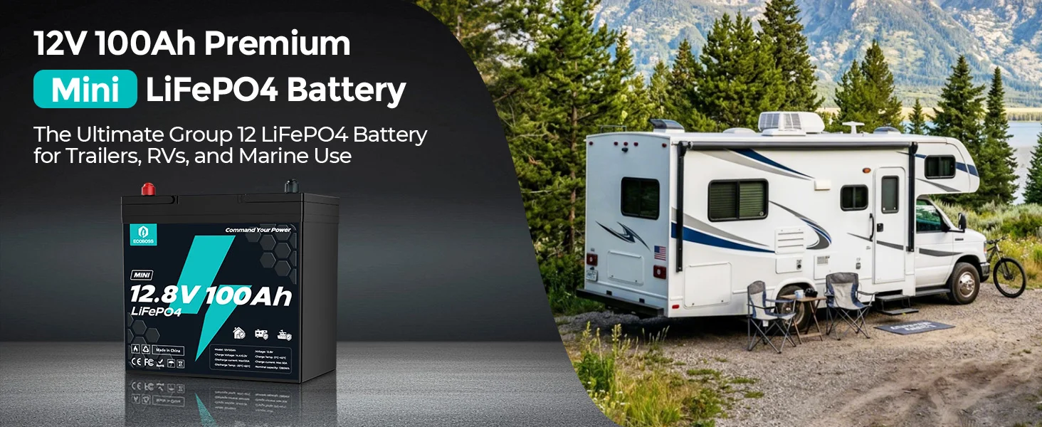 ECOBOSS Mini 12V/100Ah/1280Wh LiFePO4 Lithium‑Iron‑Phosphate Battery,Deep‑Cycle Rechargeable Storage Battery,Built‑in 120A BMS,Low‑Temp Cutoff Protection,15000+ Deep Cycles for RV,Boat,Marine,Trolling Motor,Off‑Grid Solar System