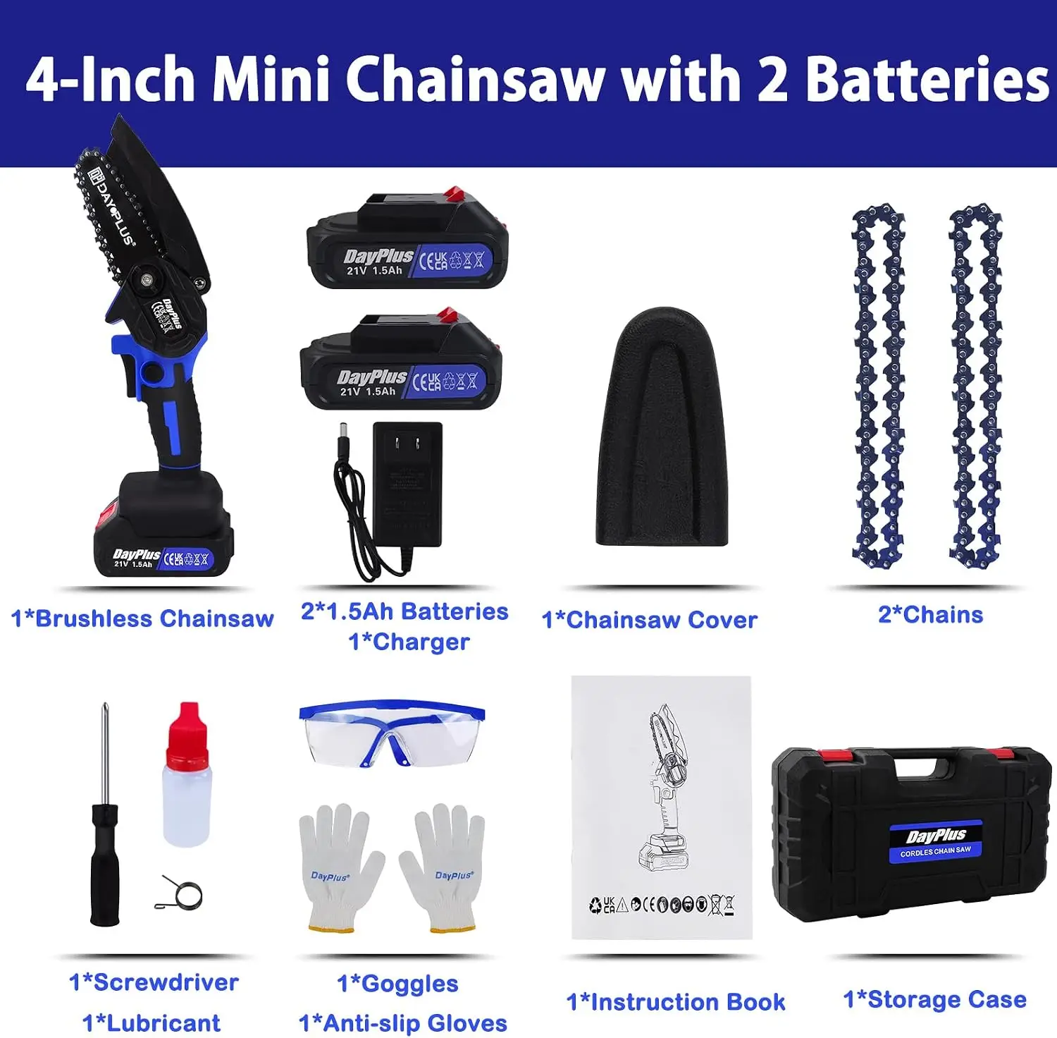 21V Cordless Mini Chainsaw – Handheld Electric Chain Saw with 2x Batteries & Charger, 4″ 600W Pruning Saw for Tree Branches, Wood Cutting & Garden Use, Storage Case Included