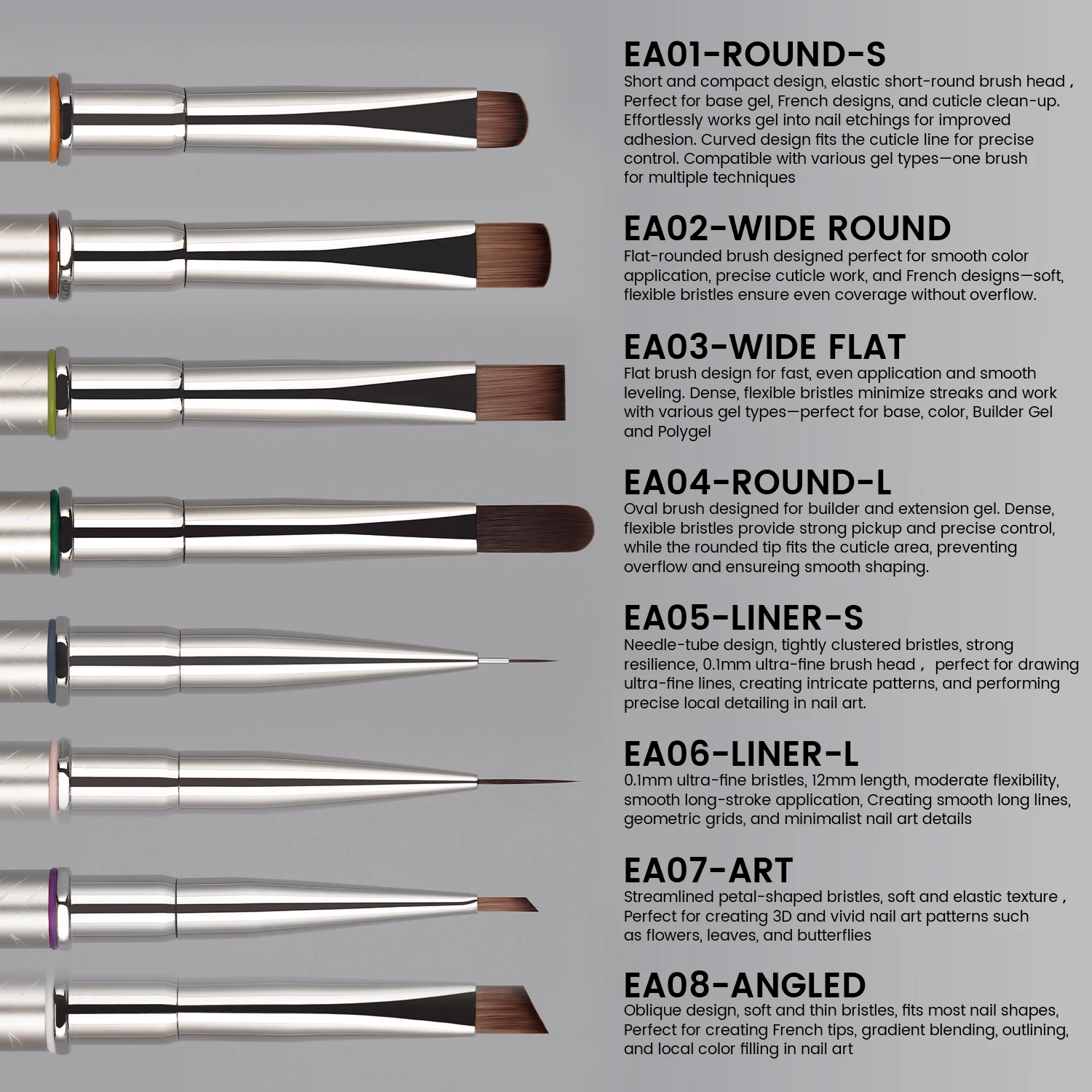 YOKEFELLOW EliteAlly Nail Art Brushes, 2-in-1 French Tip Brush and Clean up Brush for Gel Nail Polish, Base Gel Short Round Brush Professional Nail Tool (EA01 ROUND-S)