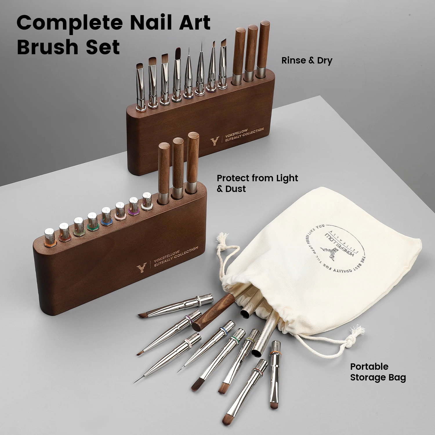 YOKEFELLOW EliteAlly Nail Art Brushes, 2-in-1 French Tip Brush and Clean up Brush for Gel Nail Polish, Base Gel Short Round Brush Professional Nail Tool (EA01 ROUND-S)