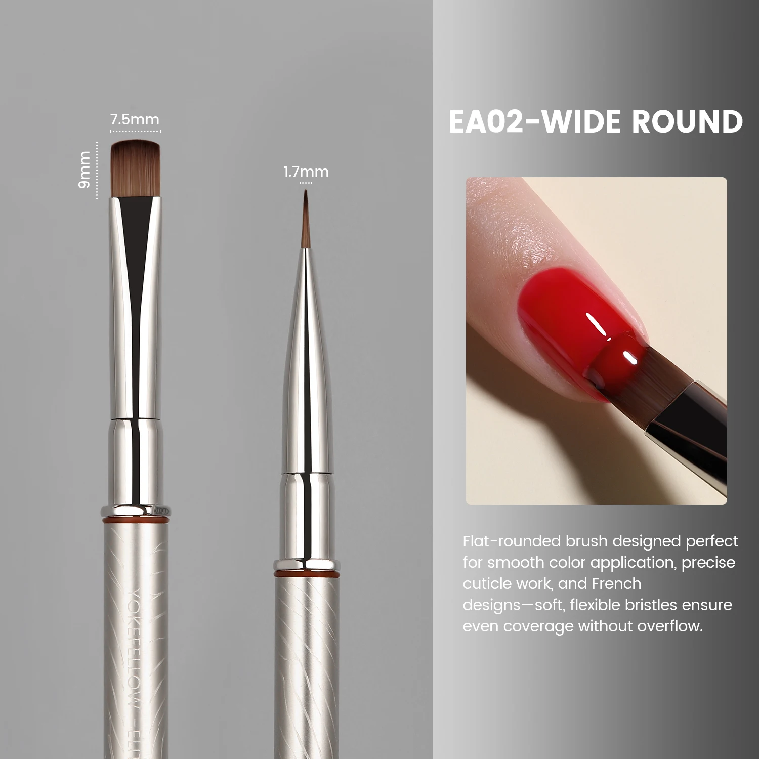 YOKEFELLOW EliteAlly Nail Art Brushes, 2-in-1 French Tip Brush and Clean up Brush for Gel Nail Polish, Base Gel Short Round Brush Professional Nail Tool (EA01 ROUND-S)