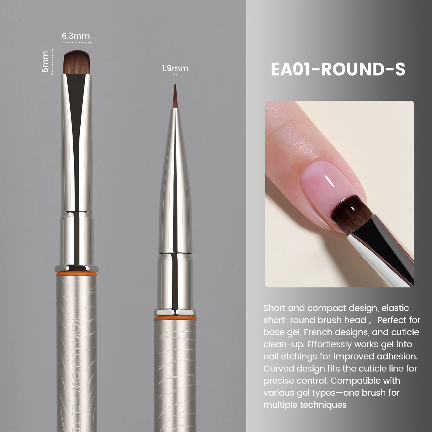 YOKEFELLOW EliteAlly Nail Art Brushes, 2-in-1 French Tip Brush and Clean up Brush for Gel Nail Polish, Base Gel Short Round Brush Professional Nail Tool (EA01 ROUND-S)