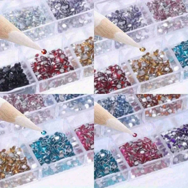 12-Pack Box of Nail Accessories: Flat-Bottom Rhinestones, Decorative Nail Embellishments, Assorted Small Components, colorful Nail stickers with Rhinestones.
