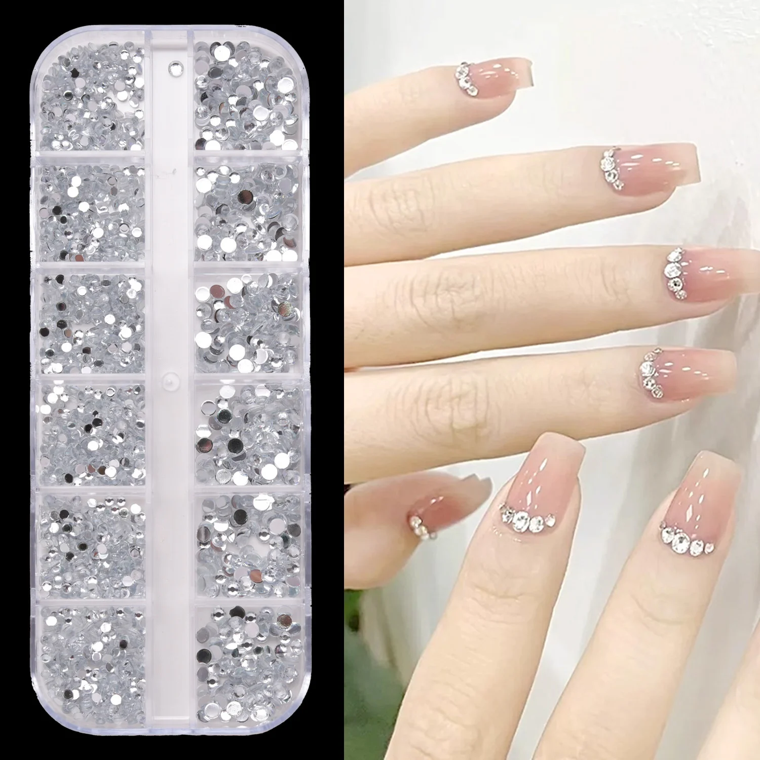 12-Pack Box of Nail Accessories: Flat-Bottom Rhinestones, Decorative Nail Embellishments, Assorted Small Components, colorful Nail stickers with Rhinestones.