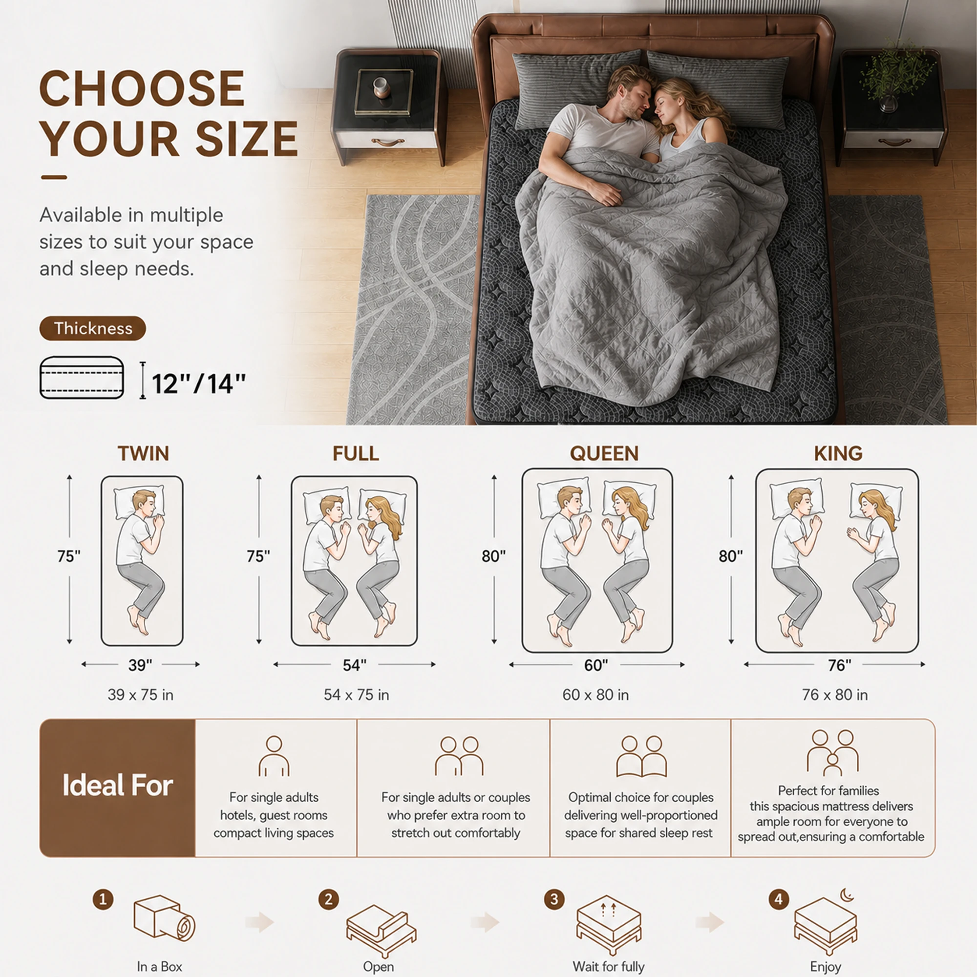12/14 Inch Twin, Full, Queen, King, Mattress Memony Foam And Spring, Medium Firm Mattress for Cooling, Pressure Relief, Edge Support & Motion Isolation Box-Packed for Bedrooms, Guest Rooms And Hotels