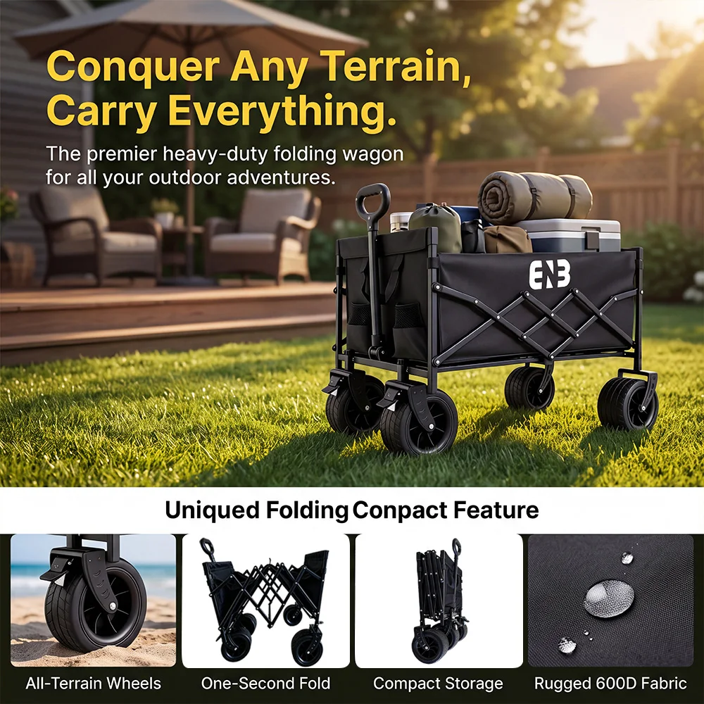 Heavy-duty, Foldable Camping and Gardening Cart with All-Terrain Wheels and Large Capacity—Perfect for Camping, Picnics, and Gardening. Featuring a Reinforced Frame for Durability and Portability, It’s a Must-Have for Families Enjoying Various Outdoor