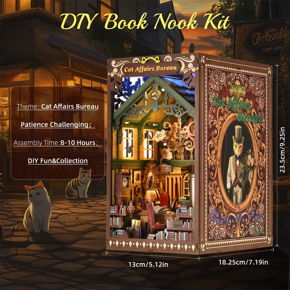Book Nook Kit Kitty Cat 3D Puzzle Wooden DIY Home Decoration For Bookshelf Miniature Insert Magic Book House Stand Bookshelf