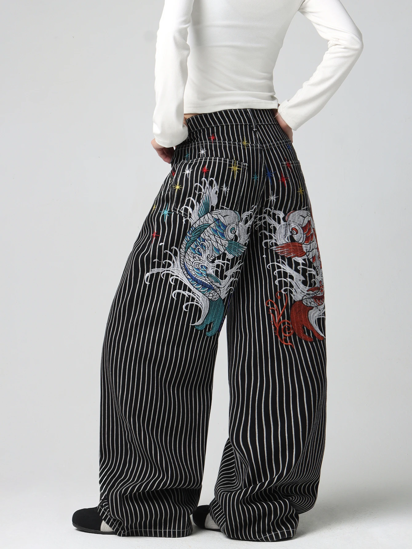 American High-Street Double Koi Embroidery Black And White Striped Loose Jeans Y2K Trendy Street Fashion Casual Versatile High-Waist Wide-Leg Pants