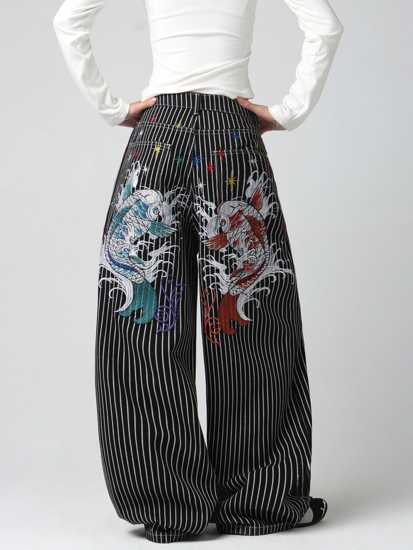 American High-Street Double Koi Embroidery Black And White Striped Loose Jeans Y2K Trendy Street Fashion Casual Versatile High-Waist Wide-Leg Pants