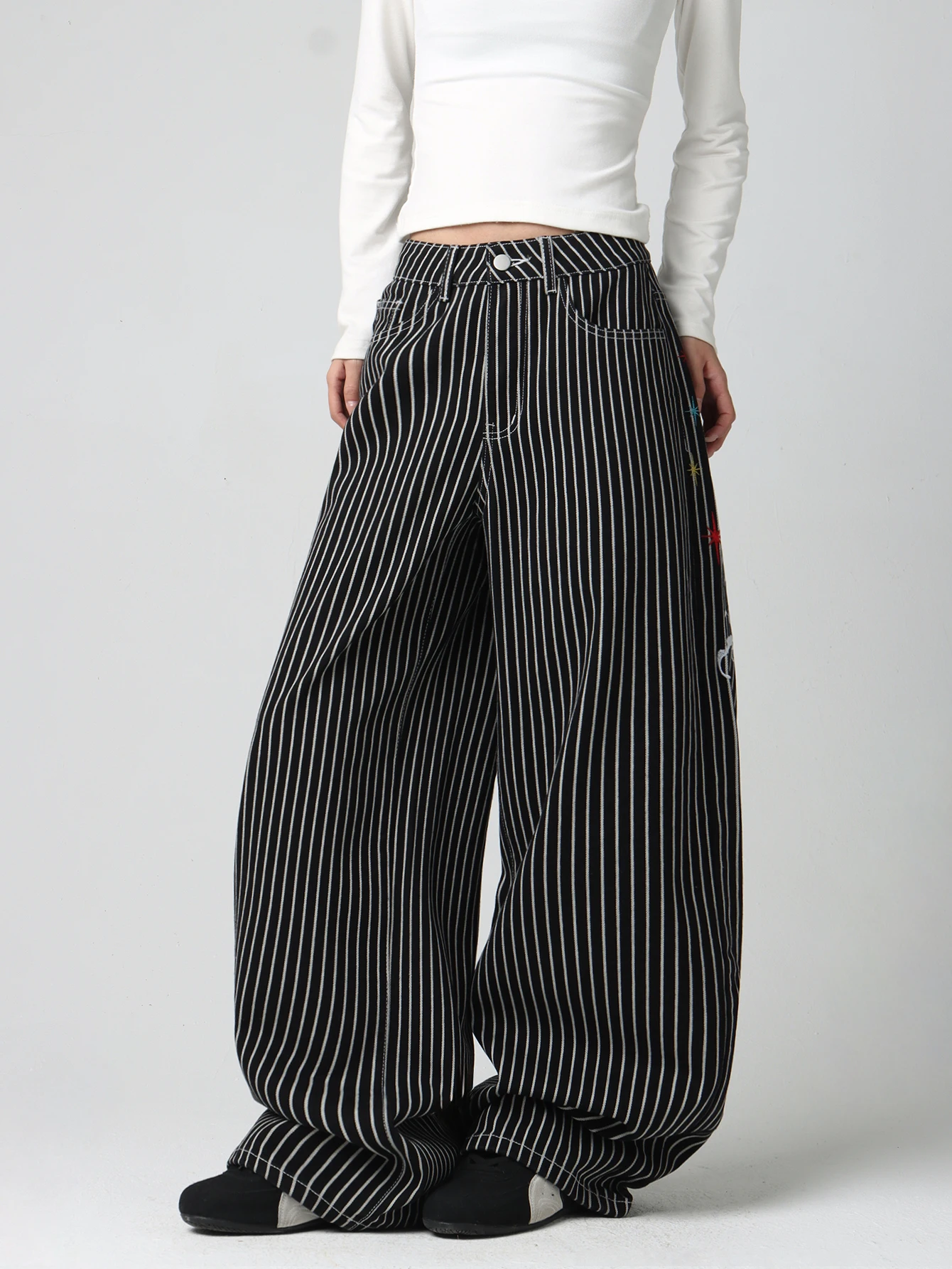 American High-Street Double Koi Embroidery Black And White Striped Loose Jeans Y2K Trendy Street Fashion Casual Versatile High-Waist Wide-Leg Pants