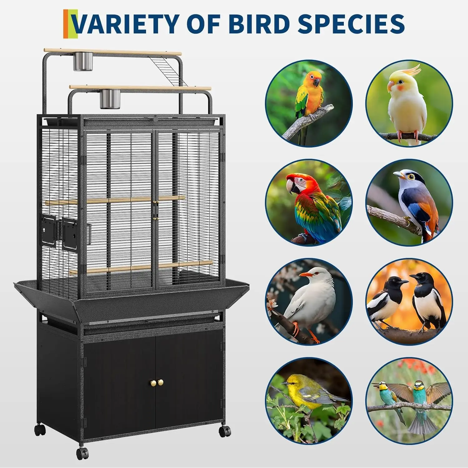 71 Inch Large Bird Cage, Corner Flight Birdcage, Storage Cabinet Play Top, Metal Rolling Bird Aviary, Wide Walnut Wood Parakeet Cage for Macaw Parrot Cockatiel Budgie