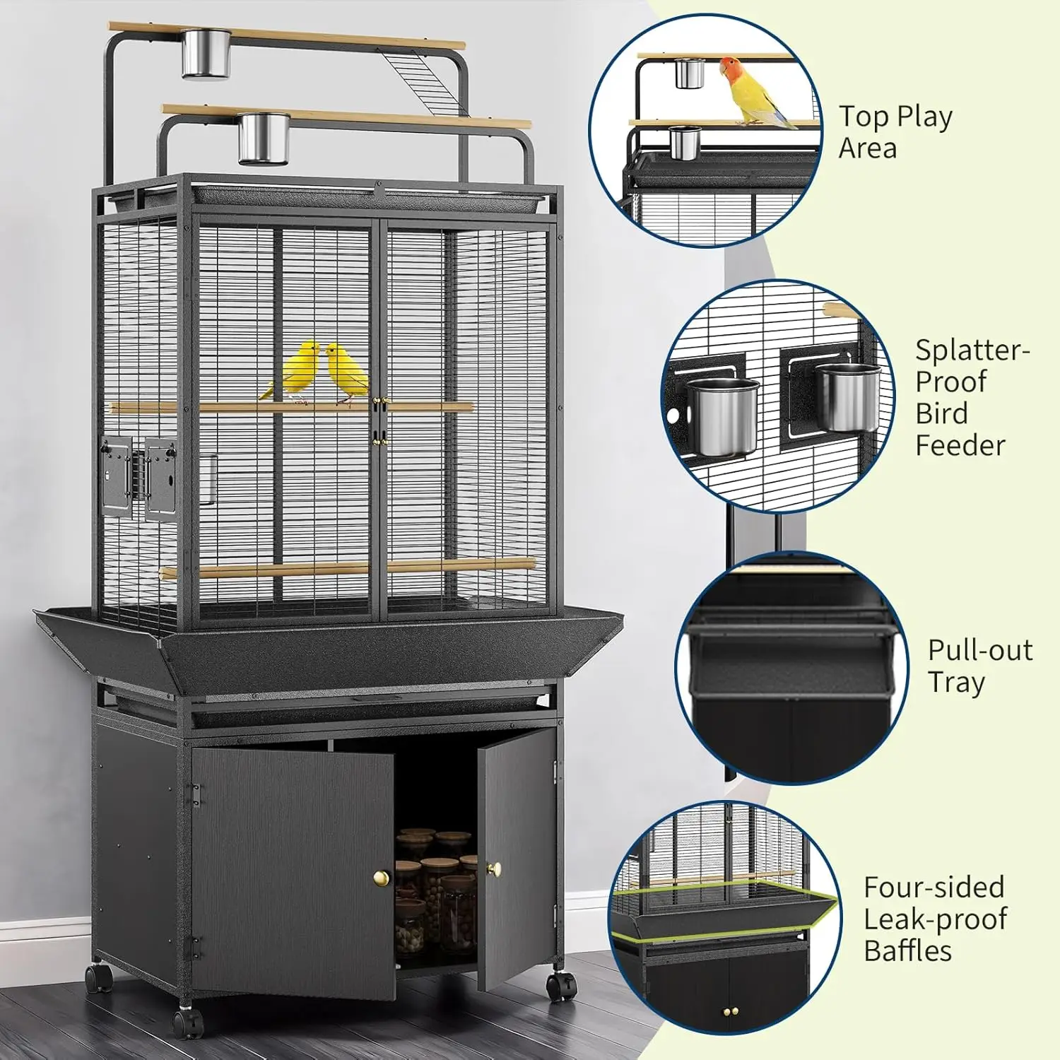 71 Inch Large Bird Cage, Corner Flight Birdcage, Storage Cabinet Play Top, Metal Rolling Bird Aviary, Wide Walnut Wood Parakeet Cage for Macaw Parrot Cockatiel Budgie