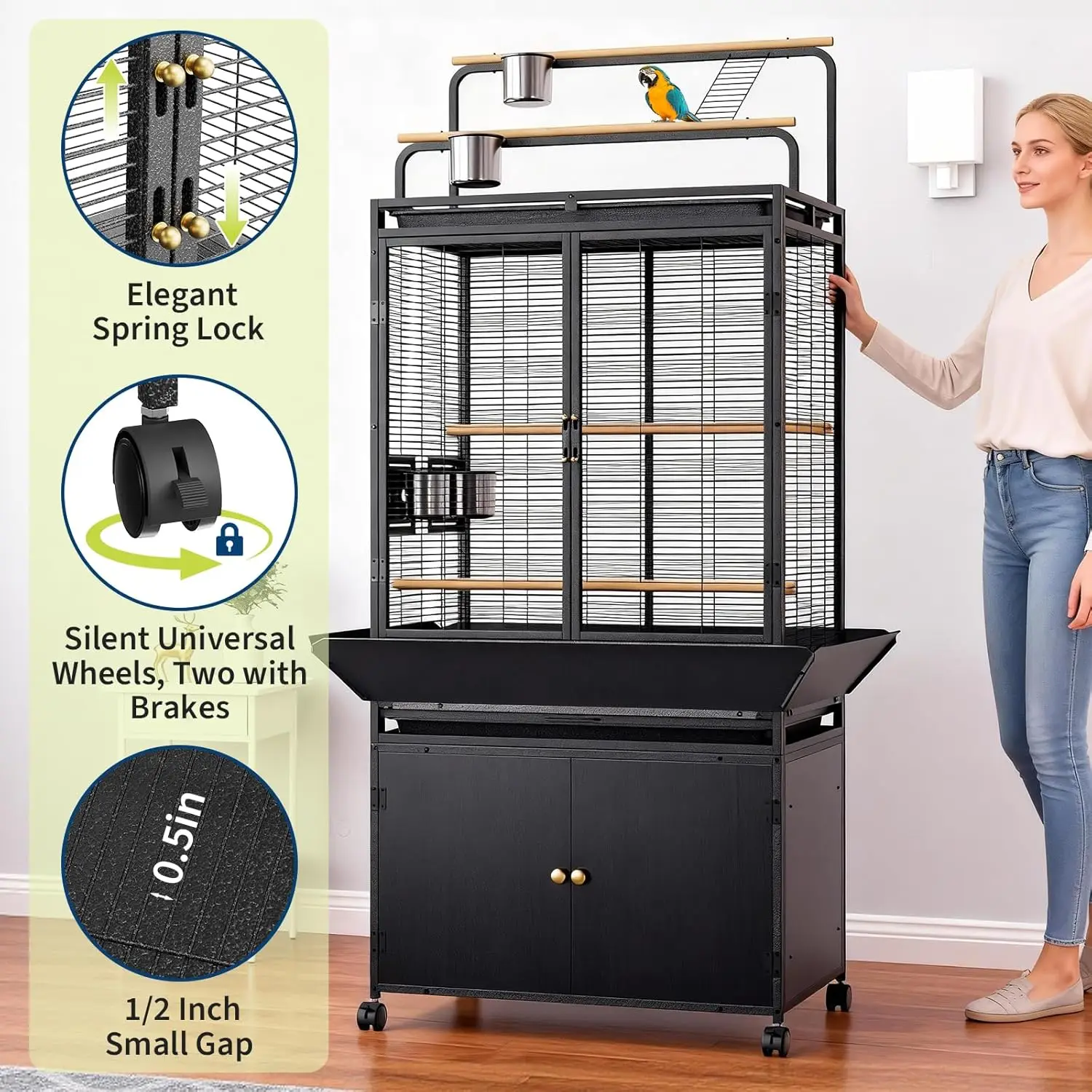71 Inch Large Bird Cage, Corner Flight Birdcage, Storage Cabinet Play Top, Metal Rolling Bird Aviary, Wide Walnut Wood Parakeet Cage for Macaw Parrot Cockatiel Budgie