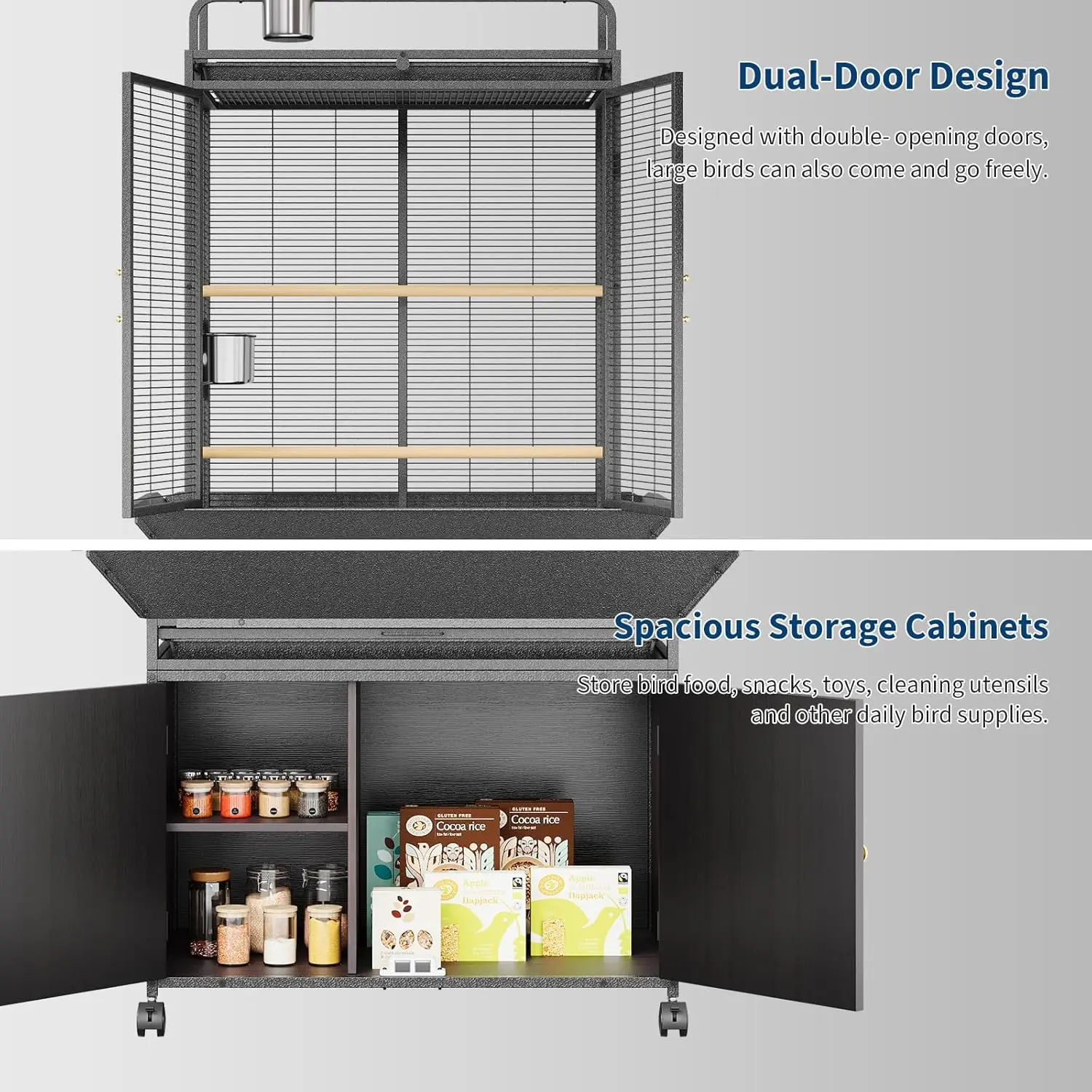 71 Inch Large Bird Cage, Corner Flight Birdcage, Storage Cabinet Play Top, Metal Rolling Bird Aviary, Wide Walnut Wood Parakeet Cage for Macaw Parrot Cockatiel Budgie