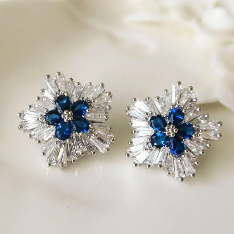 Gorgeous Blue Cubic Zirconia Stud Earrings Engagement Wedding Party Accessories for Women Blue Earrings Fashion Jewelry