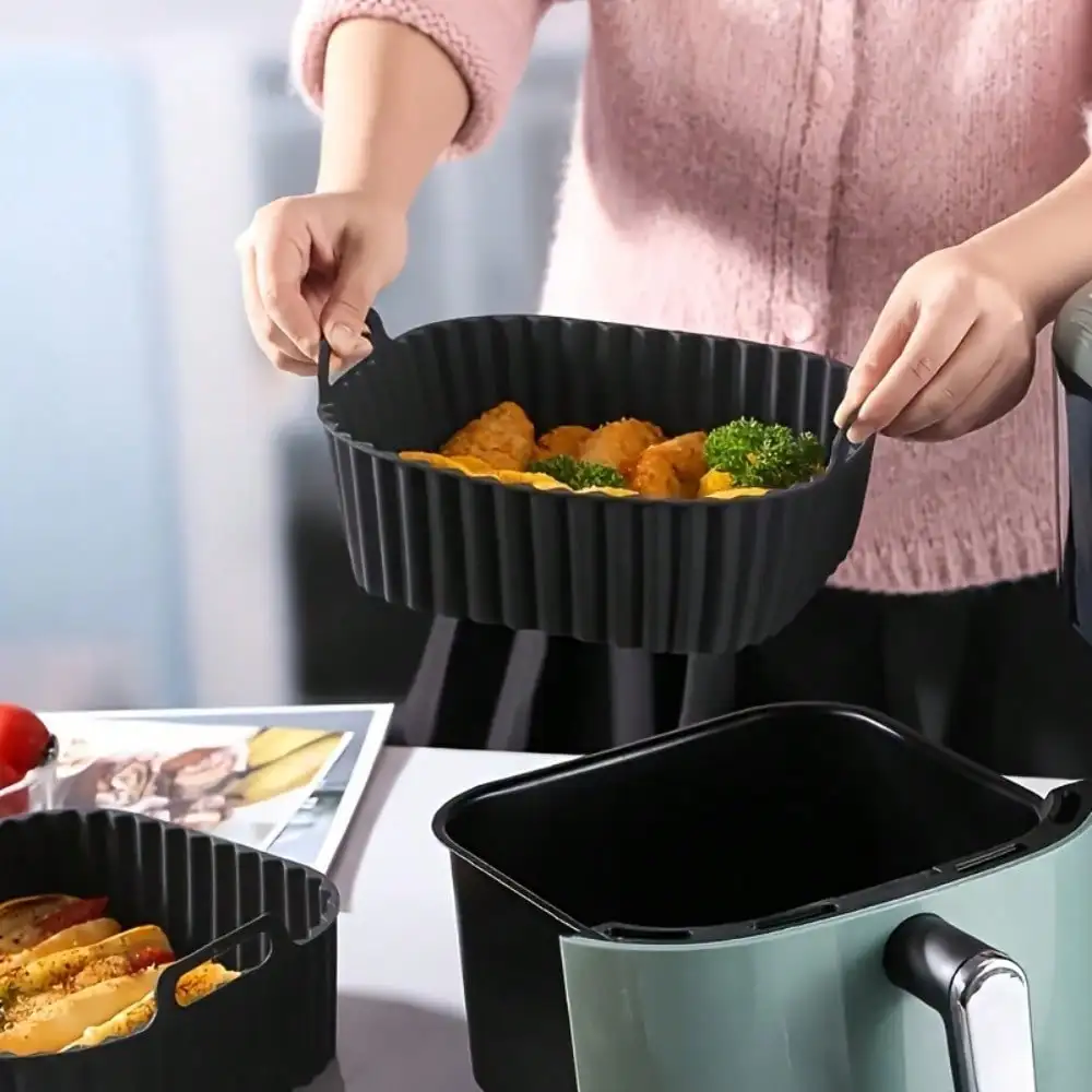 1pc Reusable Silicone Air Fryer Liner, Air Fryer Accessories, Kitchen Supplies To Replace Disposable Baking Tray Paper Liners, Black Square Back To School