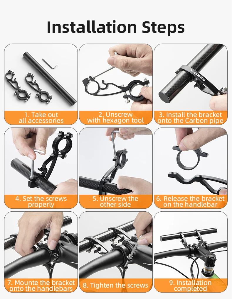ROCKBROS Bicycle Handlebar Extended Carbon Fiber Bracket Headlight Mount Bar Computer Clip Double MTB Road 20-32cm Bike Handlebar Extender