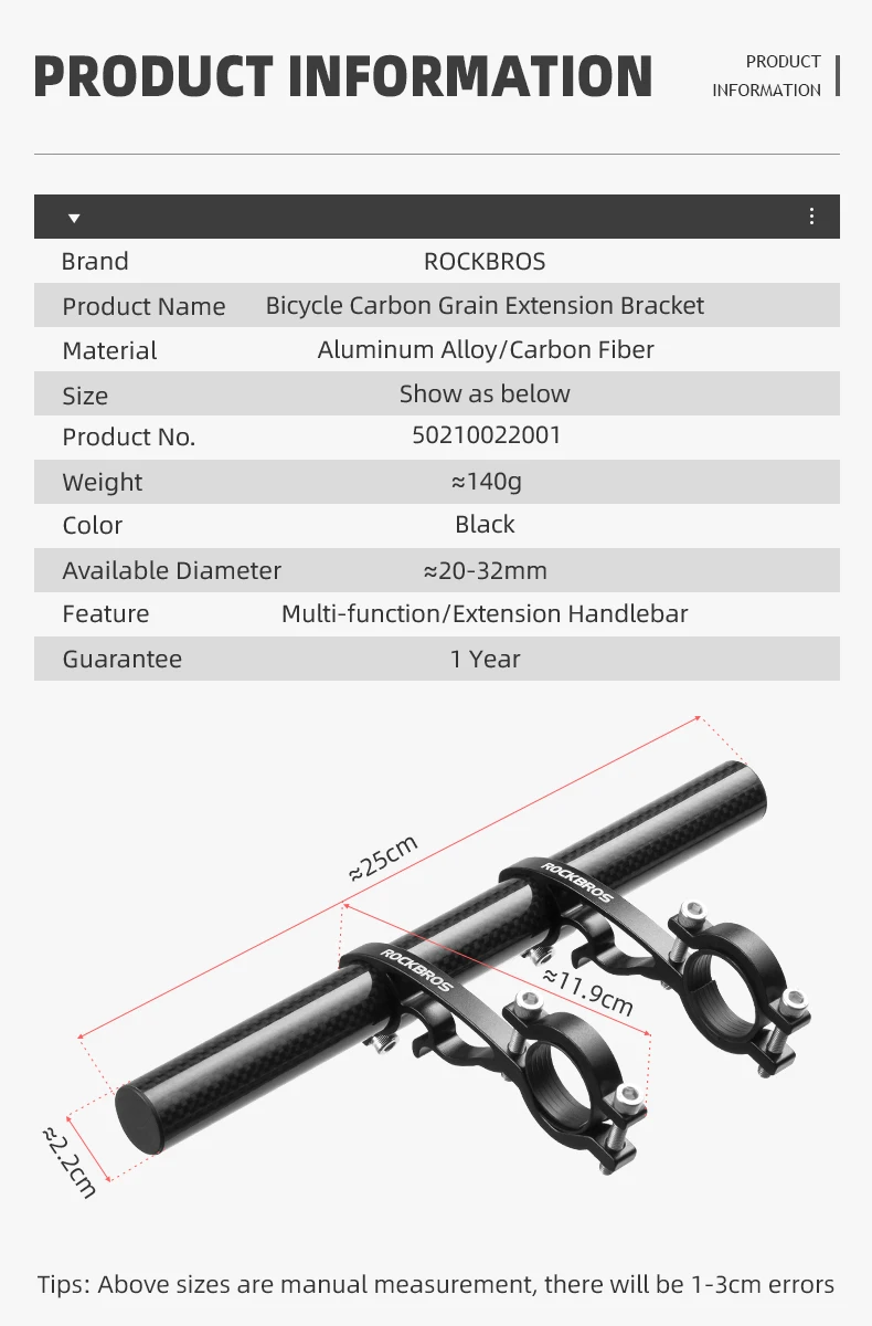 ROCKBROS Bicycle Handlebar Extended Carbon Fiber Bracket Headlight Mount Bar Computer Clip Double MTB Road 20-32cm Bike Handlebar Extender