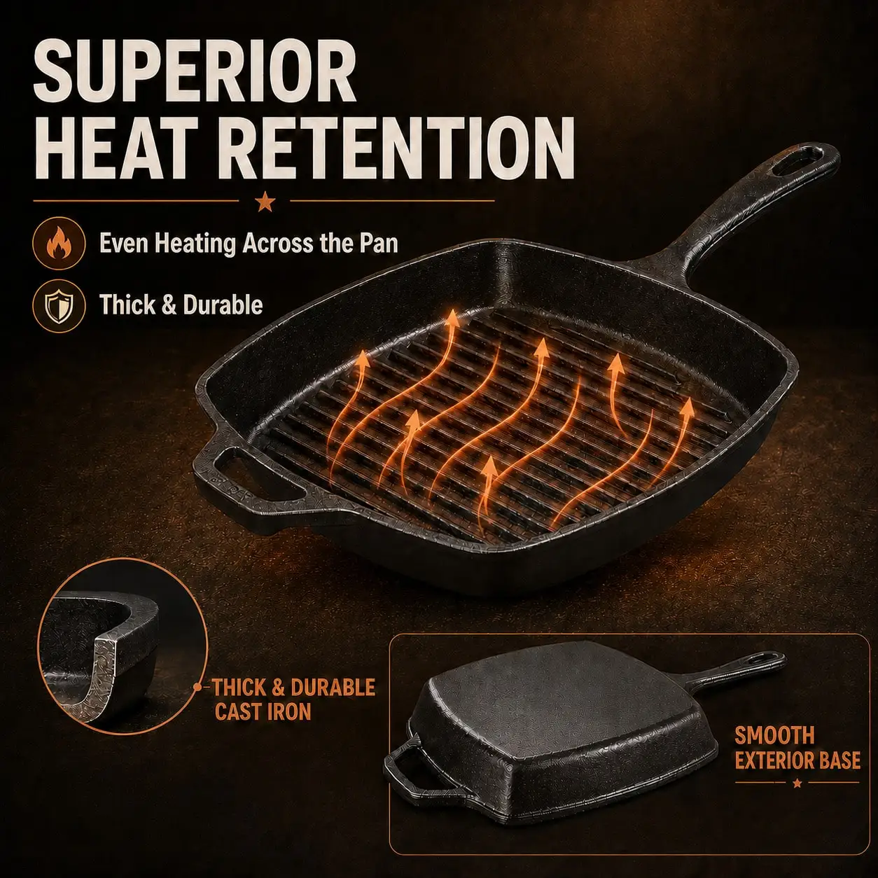 1PC Black Square Striped Steak Pan,Thick Cast Iron Skillet With Auxiliary Handle, Multi-Function Induction Grill Pan, Compatible With All Stoves, Easy Clean, Portable Camping Griddle Pan For Outdoor Cooking, Family Gatherings & Restaurant Use