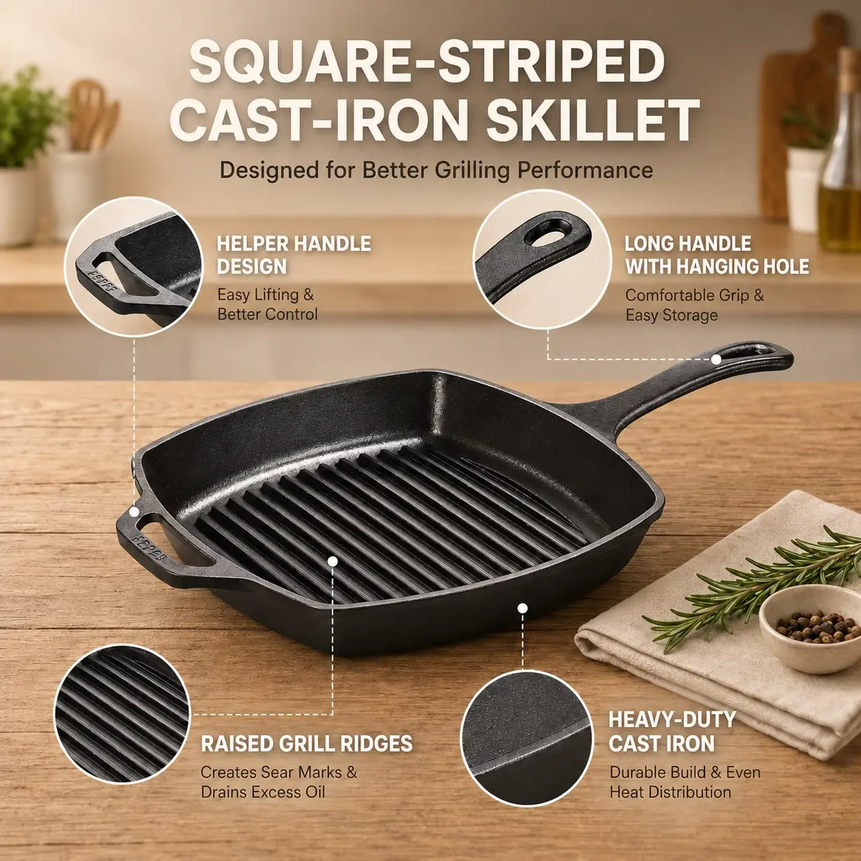 1PC Black Square Striped Steak Pan,Thick Cast Iron Skillet With Auxiliary Handle, Multi-Function Induction Grill Pan, Compatible With All Stoves, Easy Clean, Portable Camping Griddle Pan For Outdoor Cooking, Family Gatherings & Restaurant Use