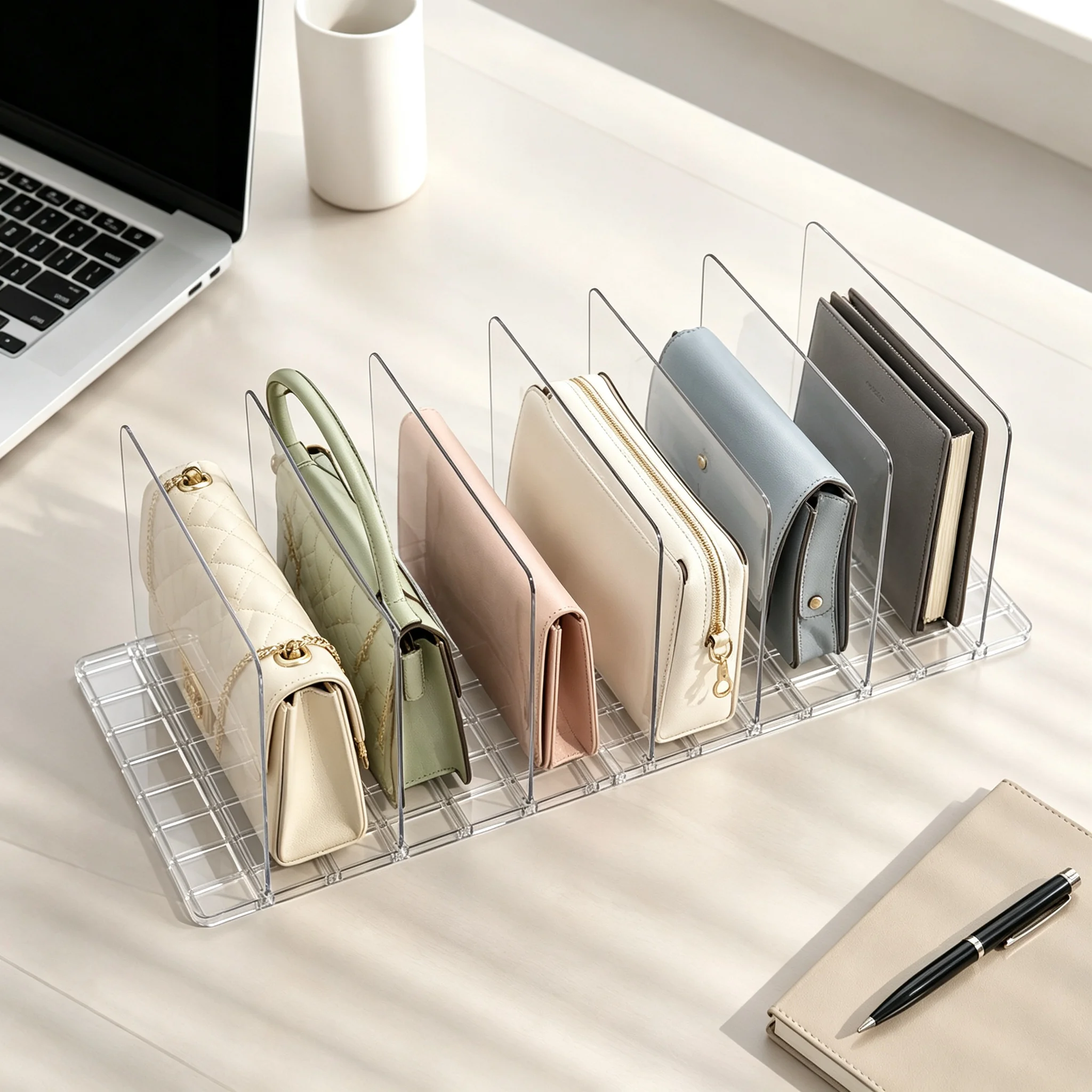 Clear Acrylic Purse Organizer for Closet, 2 Base 7 Pcs Handbag Divider, Adjustable Anti‑Tip Bag Storage Separator, Transparent Wardrobe Shelf Partition for Handbags Wallets