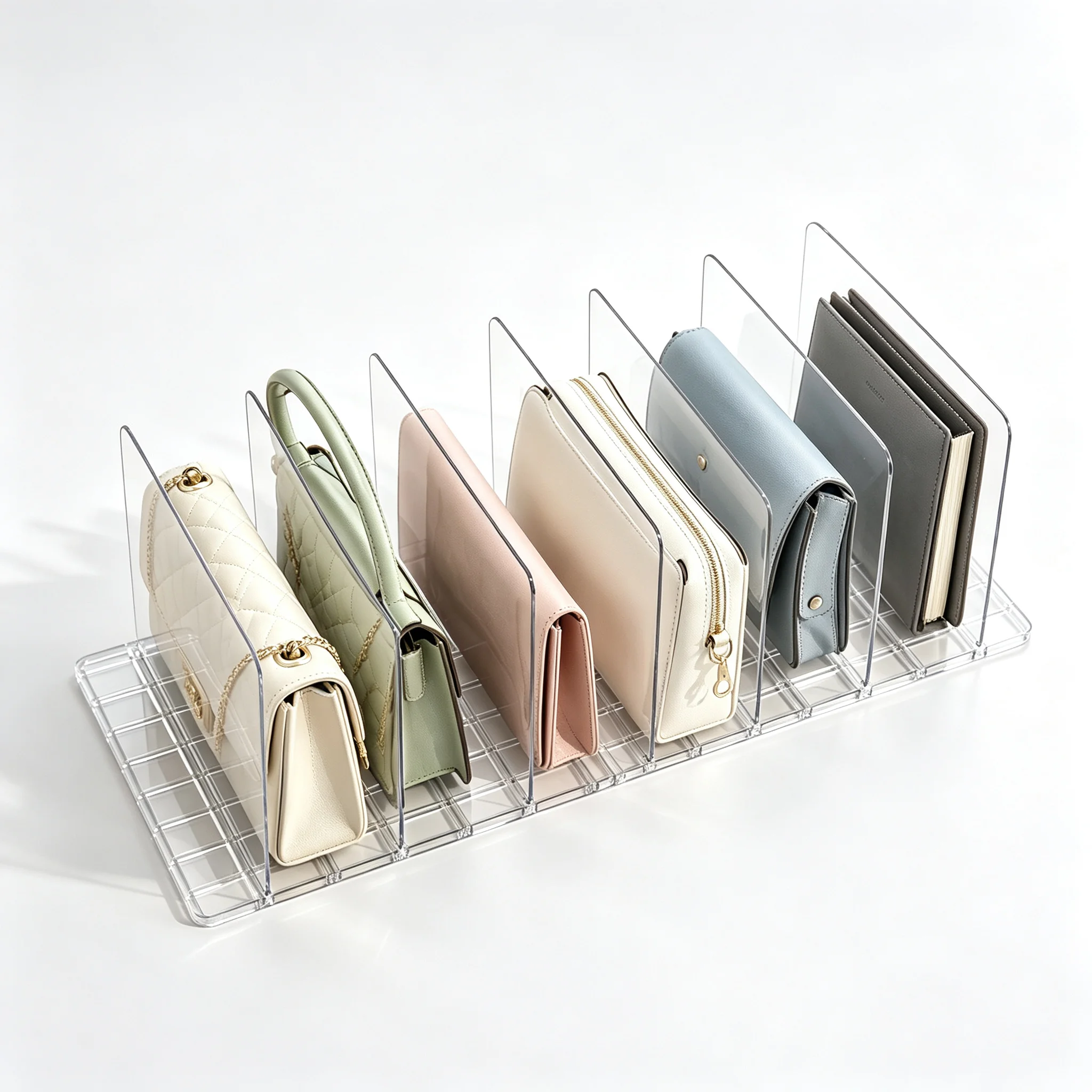 Clear Acrylic Purse Organizer for Closet, 2 Base 7 Pcs Handbag Divider, Adjustable Anti‑Tip Bag Storage Separator, Transparent Wardrobe Shelf Partition for Handbags Wallets