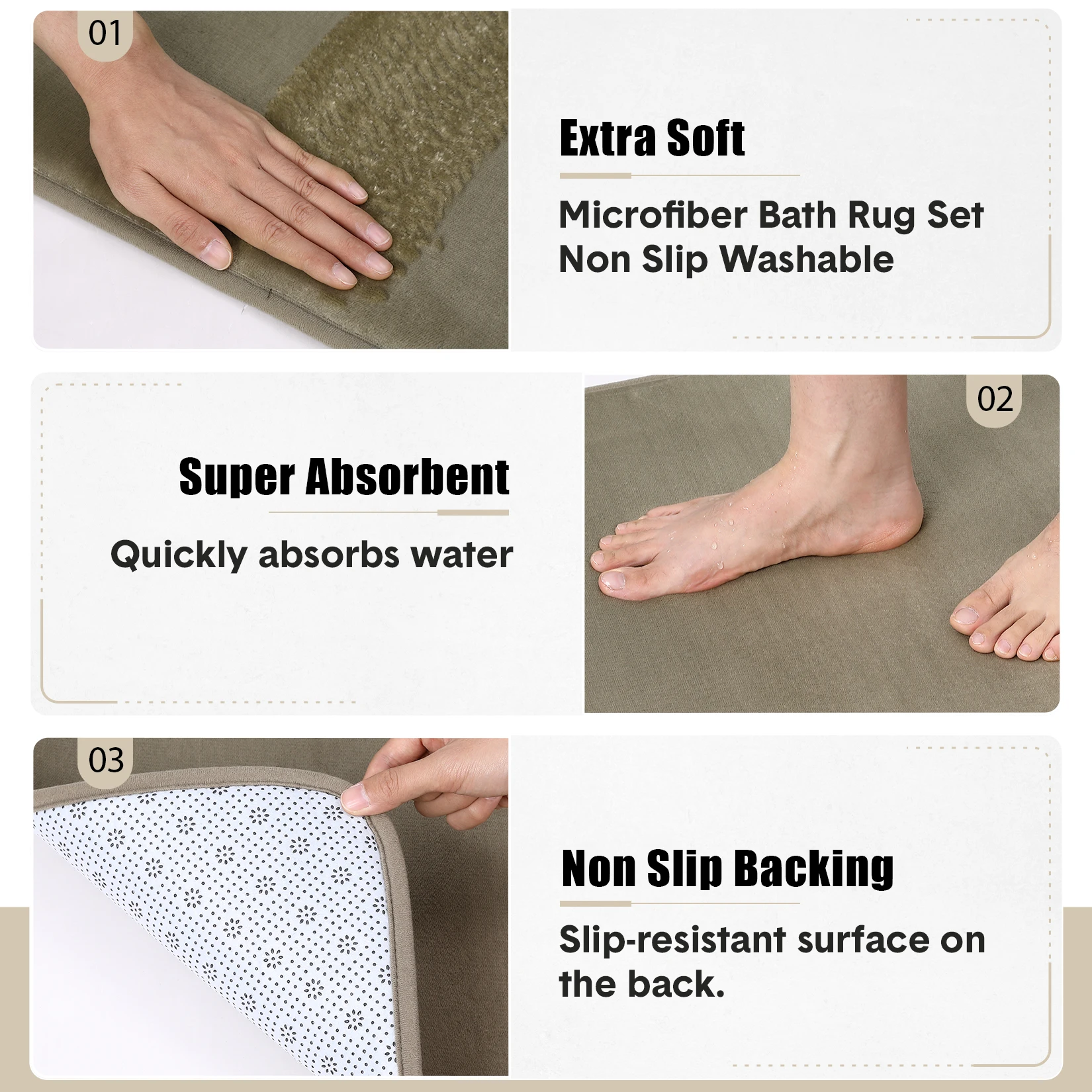 3-Piece Microfiber Bath Rug Set, Soft Non-Slip Washable Bathroom Mats for Shower Toilet Sink Wet Floor