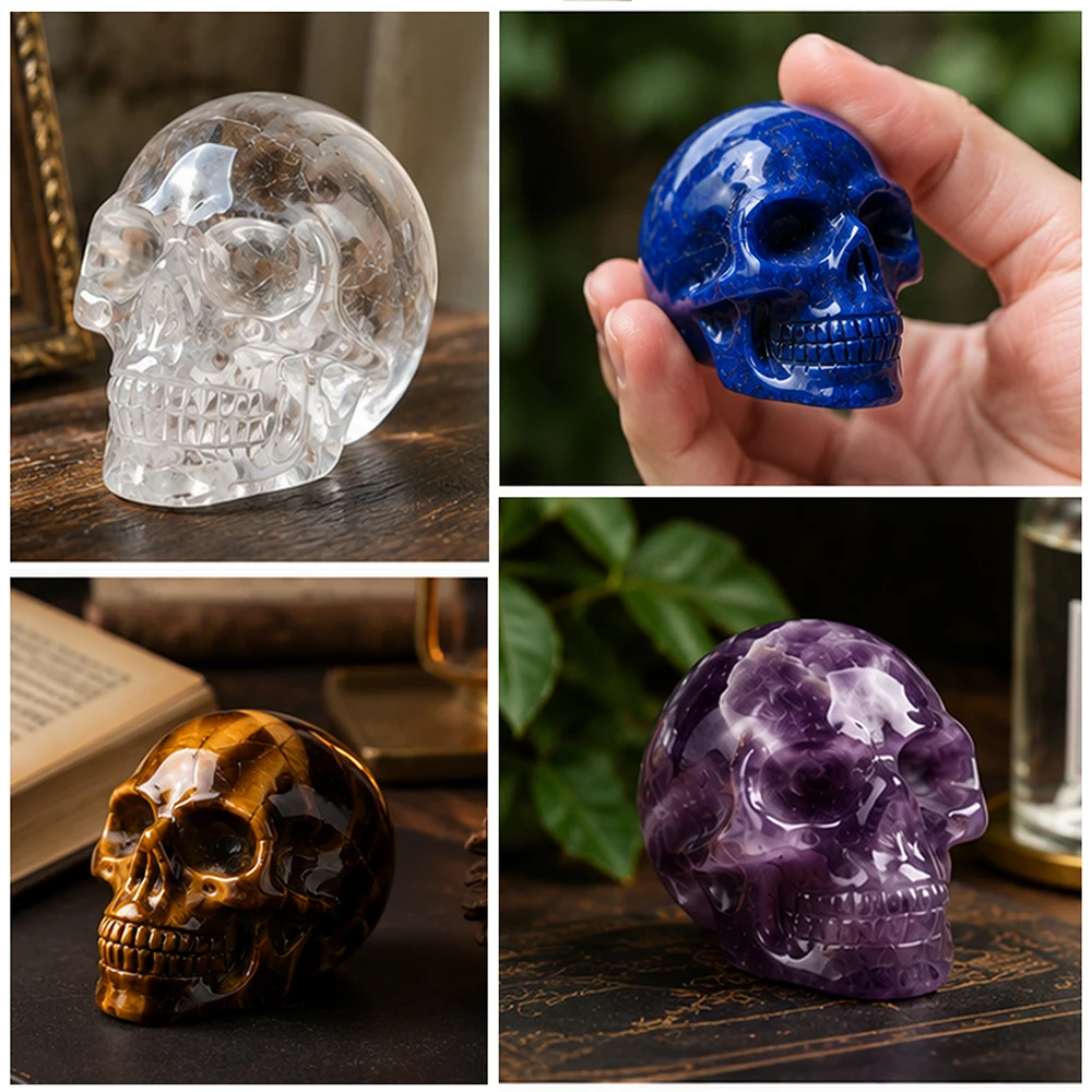 2 Inch Rose Quartz Skull Crystal Decor Hand Carved Healing Stone Home Office Halloween Party Decoration Gift Collection