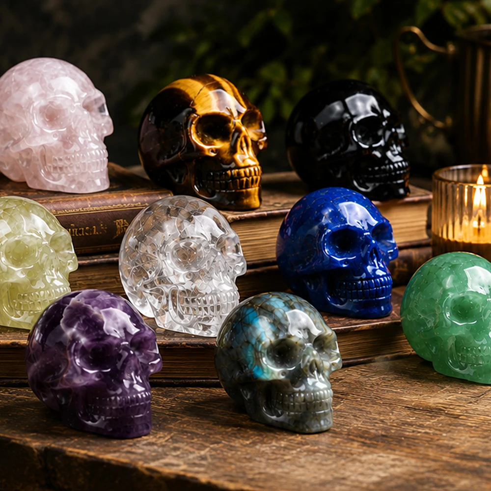 2 Inch Rose Quartz Skull Crystal Decor Hand Carved Healing Stone Home Office Halloween Party Decoration Gift Collection