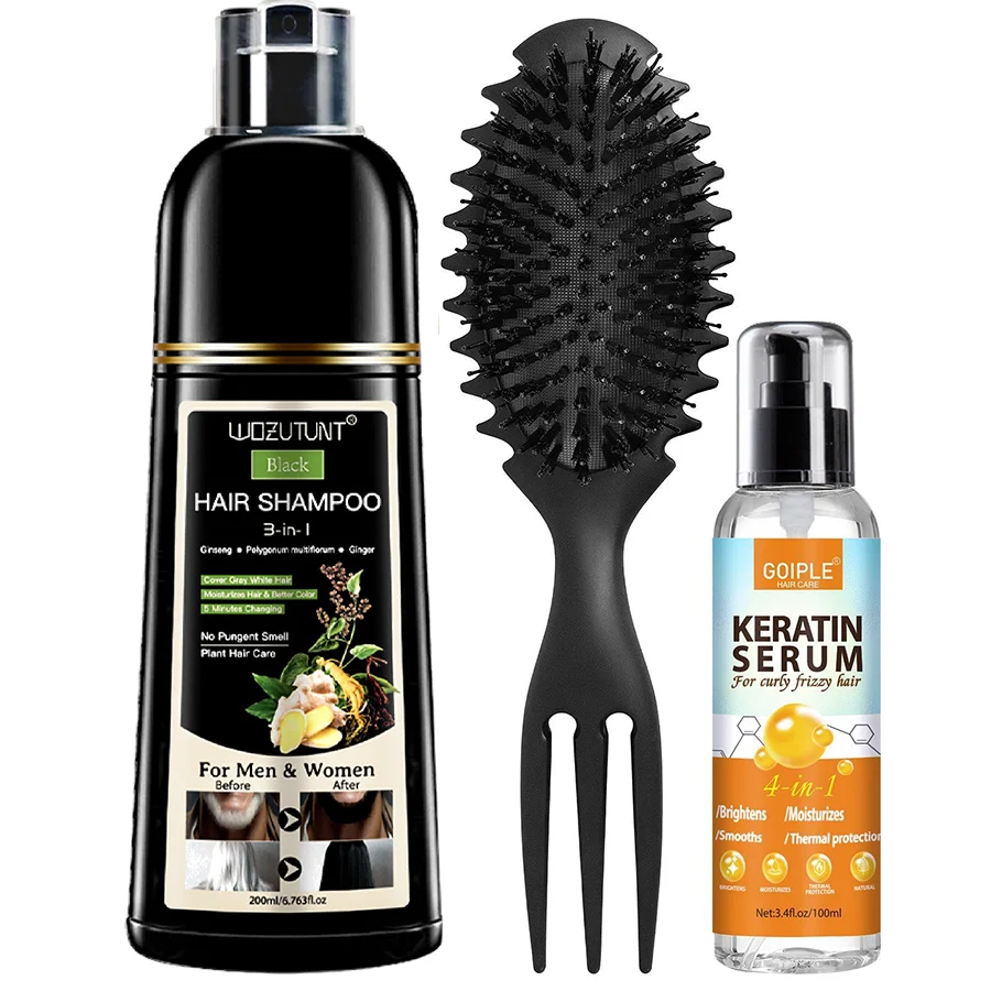 Black Hair Shampoo 200 ml with Smoothing Serum and Detangling Brush, Gradual Gray Coverage Plant-Based Hair Deep Cleaning and Treatment for Unisex