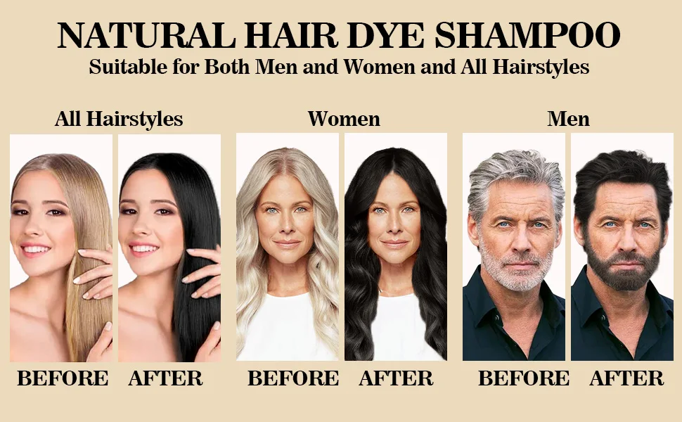 Black Hair Shampoo 200 ml with Smoothing Serum and Detangling Brush, Gradual Gray Coverage Plant-Based Hair Deep Cleaning and Treatment for Unisex
