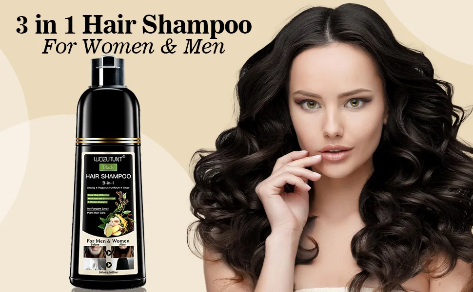 Black Hair Shampoo 200 ml with Smoothing Serum and Detangling Brush, Gradual Gray Coverage Plant-Based Hair Deep Cleaning and Treatment for Unisex