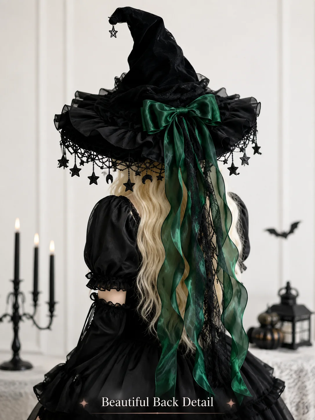 Gothic Lolita Witch Hat for Women, Wide Brim Black Lace Wizard Hat with Star‑Moon Tassel Bow Long Ribbon Halloween Cosplay Costume Accessory for Dress‑up Party