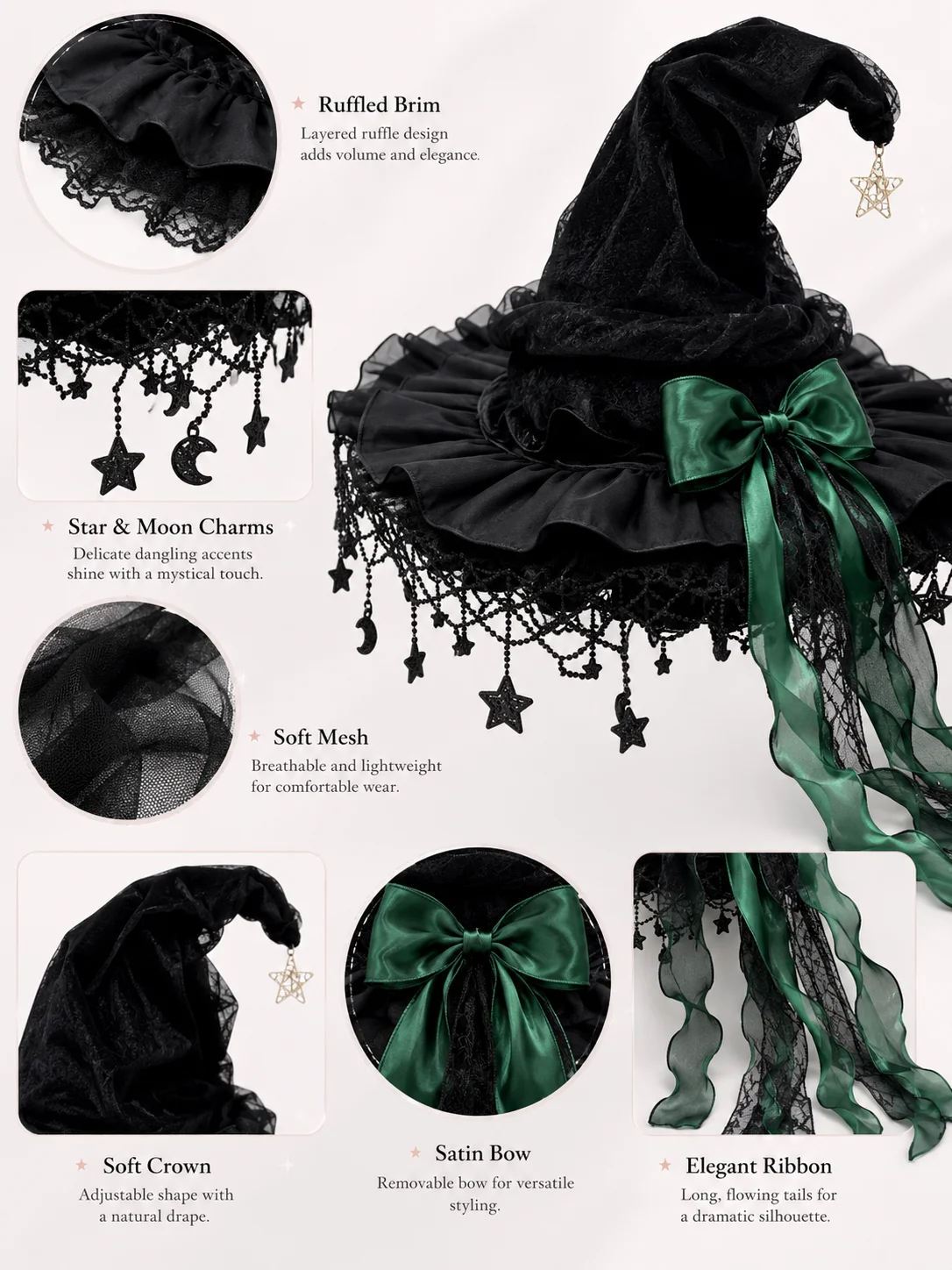 Gothic Lolita Witch Hat for Women, Wide Brim Black Lace Wizard Hat with Star‑Moon Tassel Bow Long Ribbon Halloween Cosplay Costume Accessory for Dress‑up Party