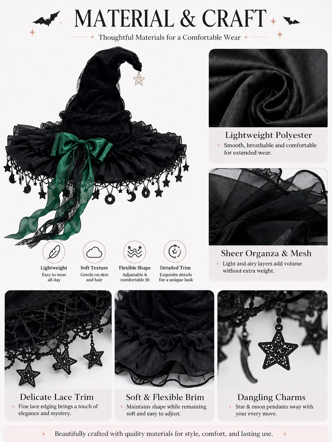 Gothic Lolita Witch Hat for Women, Wide Brim Black Lace Wizard Hat with Star‑Moon Tassel Bow Long Ribbon Halloween Cosplay Costume Accessory for Dress‑up Party