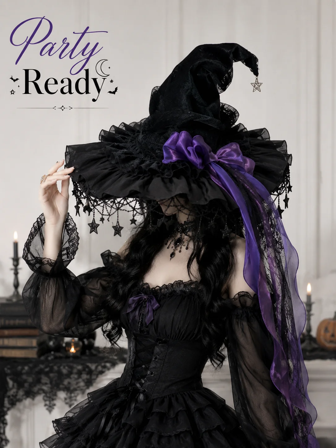 Gothic Lolita Witch Hat for Women, Wide Brim Black Lace Wizard Hat with Star‑Moon Tassel Bow Long Ribbon Halloween Cosplay Costume Accessory for Dress‑up Party
