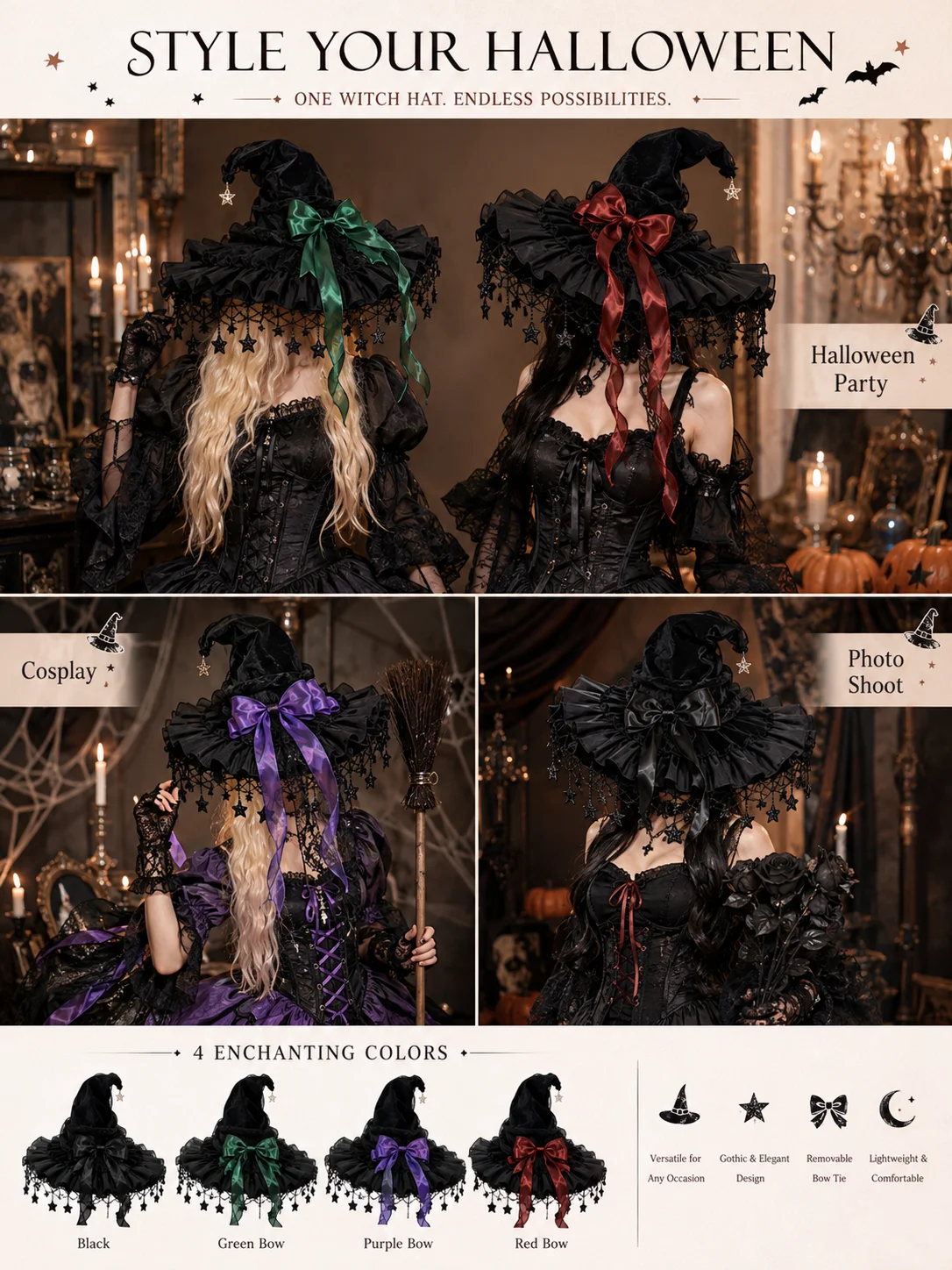 Gothic Lolita Witch Hat for Women, Wide Brim Black Lace Wizard Hat with Star‑Moon Tassel Bow Long Ribbon Halloween Cosplay Costume Accessory for Dress‑up Party